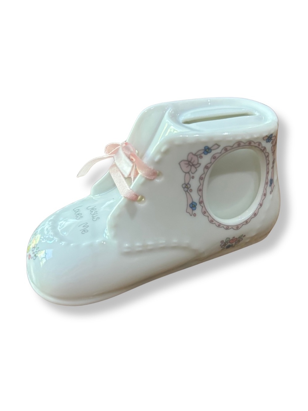 Precious Moments Jesus Loves Me Baby Shoe Ceramic Bank Pink Ribbon Vintage 🎀